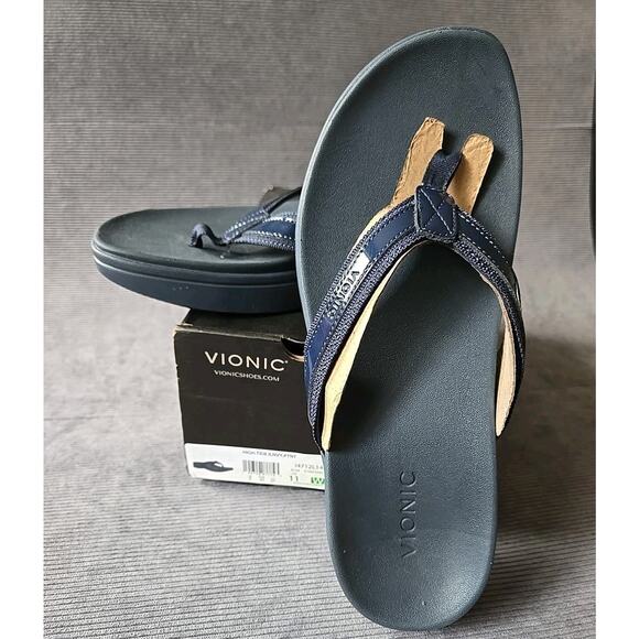 Vionic High Tide II Toe Post Navy Blue Patent Leather Sandal Women's size 11 NEW - Picture 4 of 11